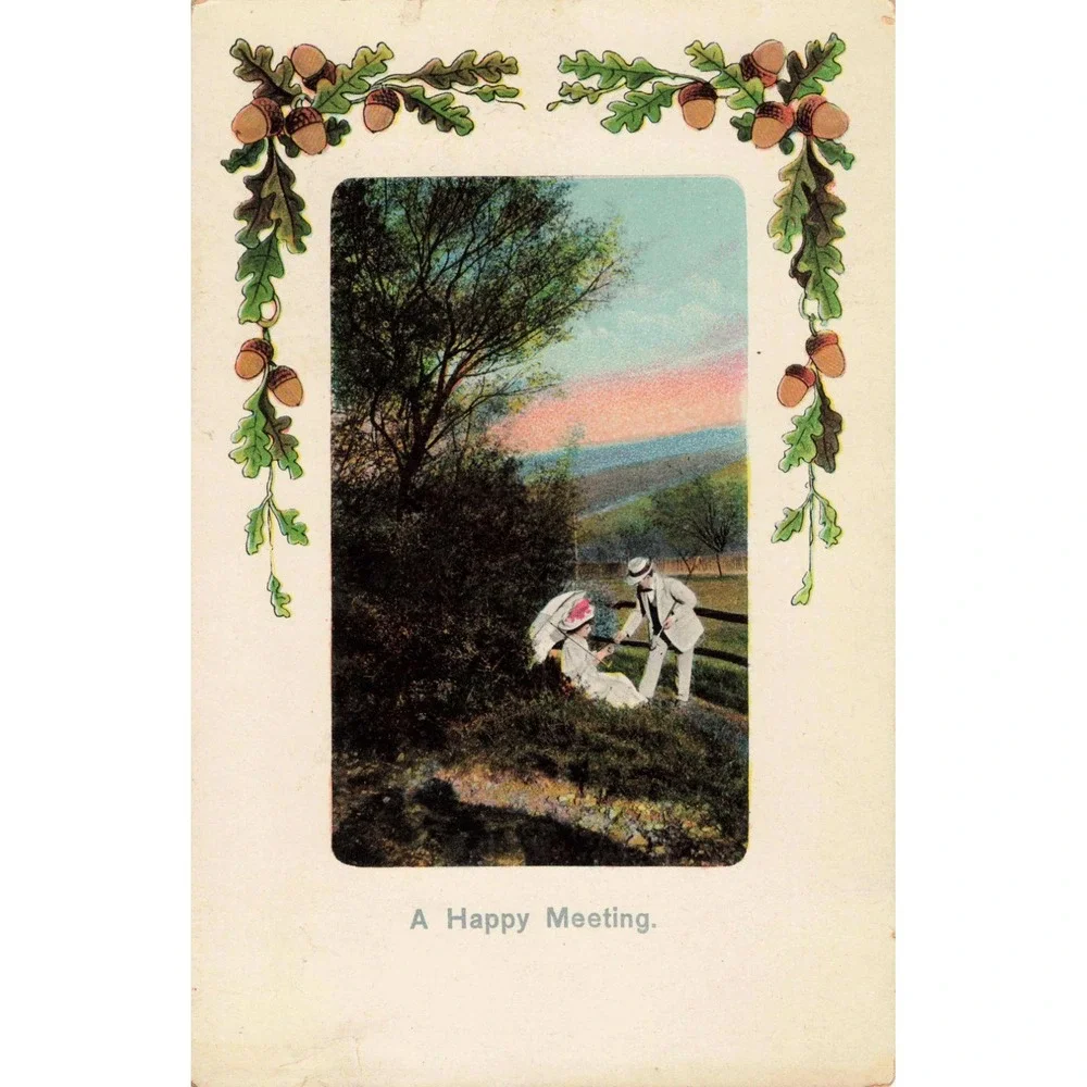 Vintage Postcard A Happy Meeting Romantic Couple Acorn Border Germany 1192
